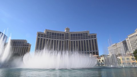 Las Vegas, Jan 28: Afternoon sunny street view of the famous Bellagio Hotel and Casino with the fountain and water dance on JAN 28, 2020 at Las Vegas, Nevada