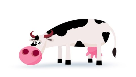 Cartoon spotty cow character moves with mask – walking, eating, standing, walking one step. Loop. Seamless transitions with outline and alpha channel. Funny isolated useful animal animation.
