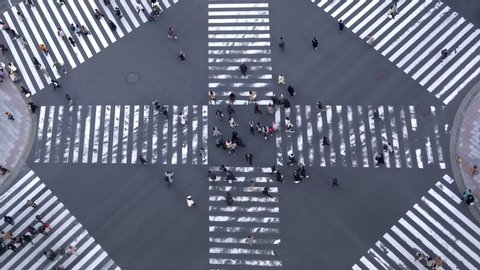 4K High Angle view cityscape of busy crowded pedestrian business people man and woman with tourist walking cross intersection street crosswalk on downtown road in summer at Ginza, Tokyo City, Japan 