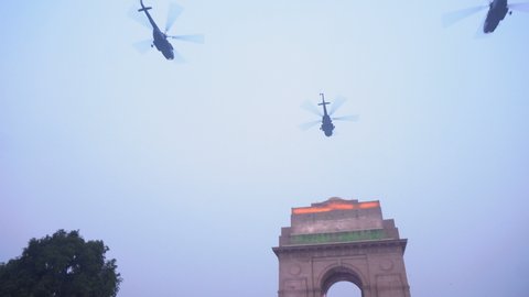 Indian Army Helicopters Flying Over India Gate in City of New Delhi, India - March, 2019