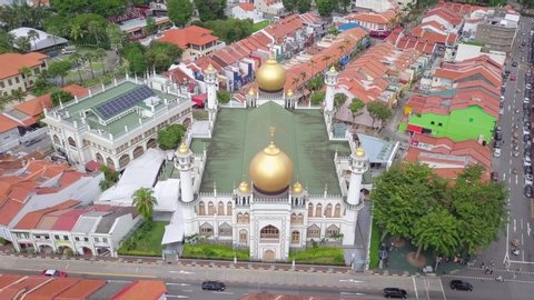 [Asia Content - Places of Worship] Aerial travelling shots revealing architecture of of Sultan Mosque (Masjid Sultan) in Singapore, circa Mar 2018