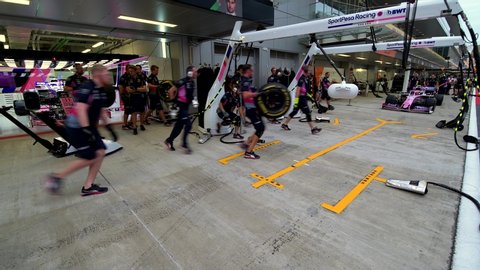 SOCHI, RUSSIA - 28 September 2019: Racing Point (former Force India, Future Aston Martin F1 Team) Pit Stop Training at Formula 1 Grand Prix of Russia 2019