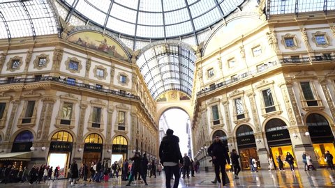 Milan,Lombardy / Italy - February 3rd 2020 : Galleria Vittorio Emanuele II in Milan , magnificent arcades and superb dome made of glass and iron. 