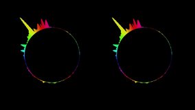 Colorful circular audio spectrum waveform. Animated graphic sound equalizer. Audio beat react color visualisation effect, sound waves.