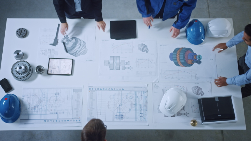 Team of Industrial Engineers Lean on Office Table, Analyze Machinery Blueprints, Architectural Problem Solving, Consult Project on Tablet Computer, Inspect Metal Component. Flat Lay Top Down View Royalty-Free Stock Footage #1045897981