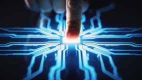 Digitalization Concept: Human Finger Pushes Touch Screen Button and Activates Futuristic Artificial Intelligence. Visualization of Machine Learning, AI, Computer Technology Merge with Humanity - Powered by Shutterstock - Get 15% off with code: PIKWIZARD15