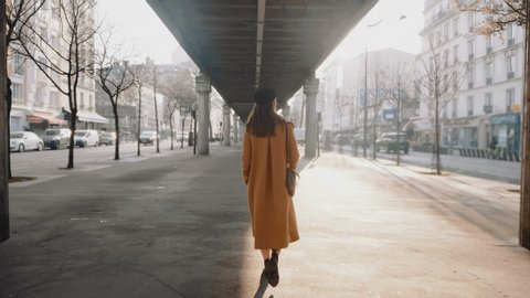 Back view of beautiful elegant tourist woman exploring Paris street under high line metro. City life concept slow motion 庫存影片