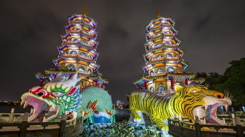 4k Time lapse of Tourists visiting Dragon and Tiger Pagodas in Kaohsiung City,Taiwan