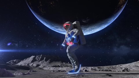 Funny Dancing Astronaut With Neon Light Spacesuit On The Moon. Moonwalk On The Moon Under The Earth And Stars