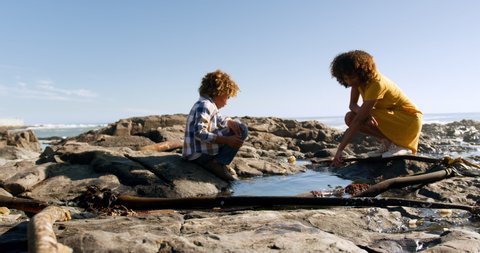 SIde view of mixed race woman with her son enjoying family time by the seaside together on a sunny day with blue sky, kneeling down, looking at a rock pool and pointing, slow motion