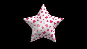 Valentines day animated star shaped inflatable balloon with heart pattern, love concept stock video, seamless looped. Alpha channel 4K stock video.
