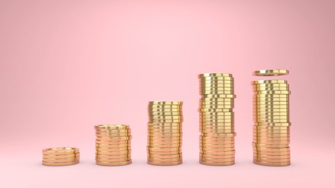  3d animation Raising of golden coins stacks on pink background.Money saving and economy concept. 