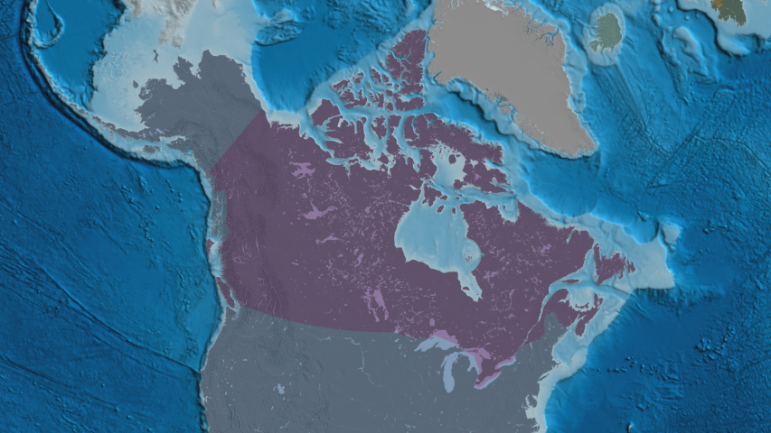 Ontario, province with its capital, zoomed and extruded on the administrative map of Canada in the conformal Stereographic projection