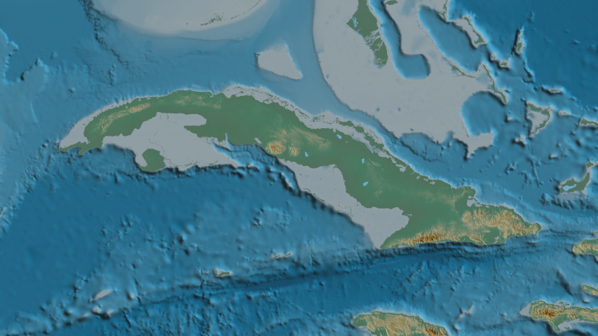 Las Tunas, province with its capital, zoomed and extruded on the relief map of Cuba in the conformal Stereographic projection