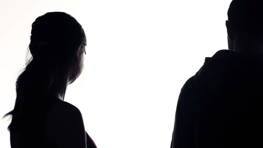 pix Woman Walking Away From Man Silhouette silhouette figure of a girl in confusion and a man walking away from room on a white isolated background concept of gender relations man and woman quarrel