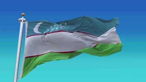 4k Uzbekistan National flag slow seamless waving with visible wrinkles in wind blue sky background.A fully digital rendering,animation loops at 20 seconds. 