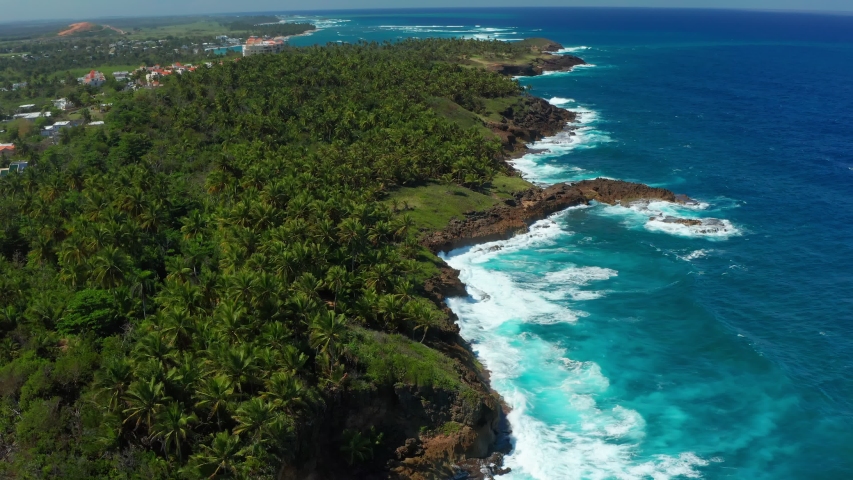 Aerial coastal view of cosatal Puerto Rico. Cinematic 4K footage.