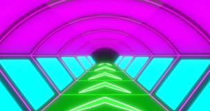 Abstract VJ loop sci-fi futuristic tunnel in Fluorescent retrowave multicolor pattern. Glowing bright neon lines background. 4k endless VJ motion