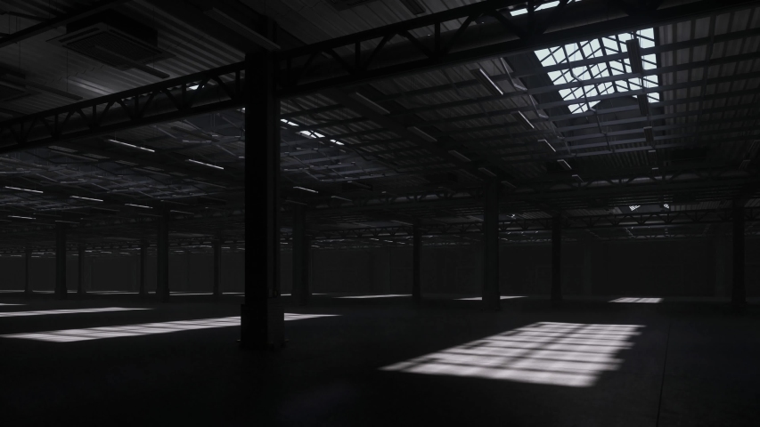 Camera move around empty warehouse hall and lights turning on. Dynamic camera pans empty industrial interior hall storage room with lights. Logistic distribution industrial interior room with gates. Royalty-Free Stock Footage #1045946218