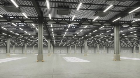 Camera move around empty warehouse hall and lights turning on. Dynamic camera pans empty industrial interior hall storage room with lights. Logistic distribution industrial interior room with gates.