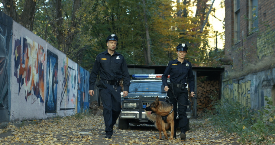 Caucasian policeman and policewoman in uniforms walking with shepherd dog. Male and female police officers searching something and patrolling disrict. Royalty-Free Stock Footage #1045947016