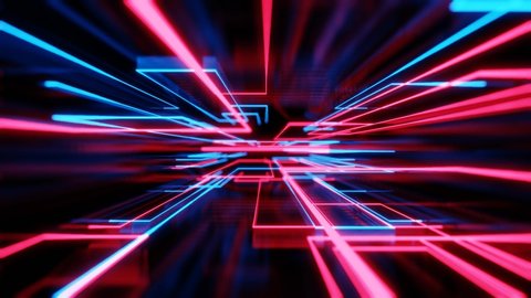 Blue red neon light holographic technology. 3d render abstract background. Square frames sequence. Digital neon background. Ultraviolet spectrum, laser show. Loop 3d 4K animation