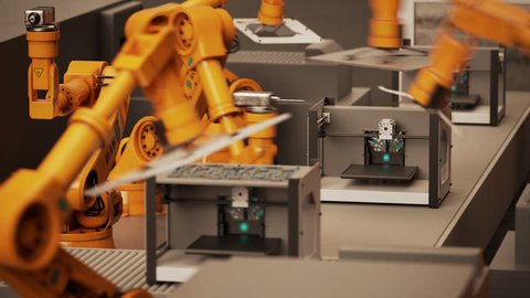 02287 Robotic Arm Assembling 3d Printer On Conveyor Belt