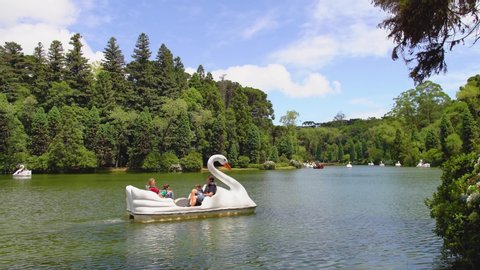 Gramado / Brazil: january 2020: tourists at Lago Negro black lake park between the forest, white swan and pirate ship pedal boat (pedalinho) - Gramado, Canela Rio Grande do Sul, Brazil
