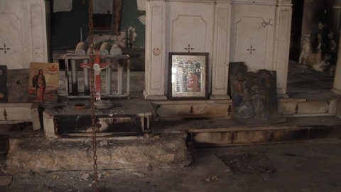 Maalula, Syria, 02-20-2016: Devastated Christian church in Syria