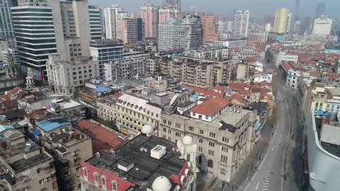 Wuhan, Hubei/China - January 29 2020:Aerial view footage of Zhongshan Avenue. Due to the novel coronavirus, the crowded Zhongshan Avenue has become empty since the beginning of this Lunar New Year.