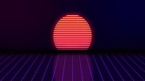 VHS retro animation with the appearing neon rectangle and the text level up. Against the background of the glowing sun and the moving forward grid. Retro style. Video games from the 80s. Motion