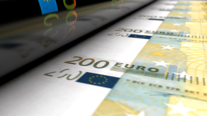 Extreme close-up of Euro money printing press machine printing 200 EUR banknotes. Seamlessly looped animation showing how European currency is being emissioned and printed. | Shutterstock HD Video #1045978450