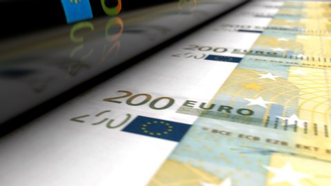 Extreme close-up of Euro money printing press machine printing 200 EUR banknotes. Seamlessly looped animation showing how European currency is being emissioned and printed.