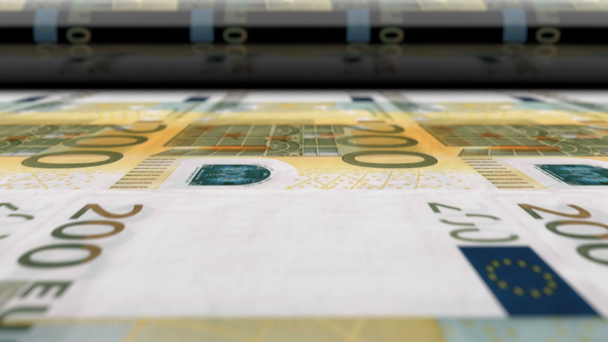 Euro money banknotes printing press machine prints 200 EUR banknotes. Animation showing how european currency is being printed and emissioned. Close-up of printing press process, seamless loop. Royalty-Free Stock Footage #1045978453
