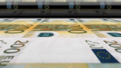 Euro money banknotes printing press machine prints 200 EUR banknotes. Animation showing how european currency is being printed and emissioned. Close-up of printing press process, seamless loop.