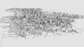 Animated appearance of 3D city. White buildings and black-contoured roads. 3D renderig video. Motion Design