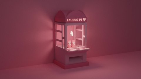 Cute claw machine/arcade machine looping animation. Cute pink fox dolls. Valentine's day concept looping animation. Minimal 3d rendering.