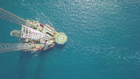 Aerial view of the jack up rig being towed to the offshore location
