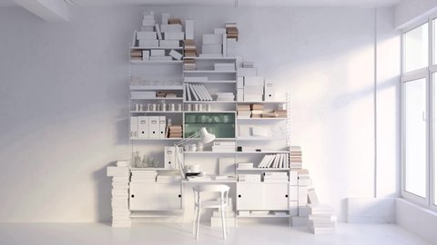 Timelapse appearing bookcase and workspace. Scandinavian interior. Light interior. Workspace with table, table lamp, cabinets, chairs, books, stacks of paper, cardboard boxes. Scandinavian office fur