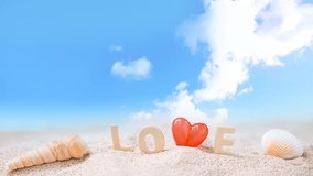 red Heart shape and love wooden text on white sand beach with tropical blue sea and cloudy blue sky