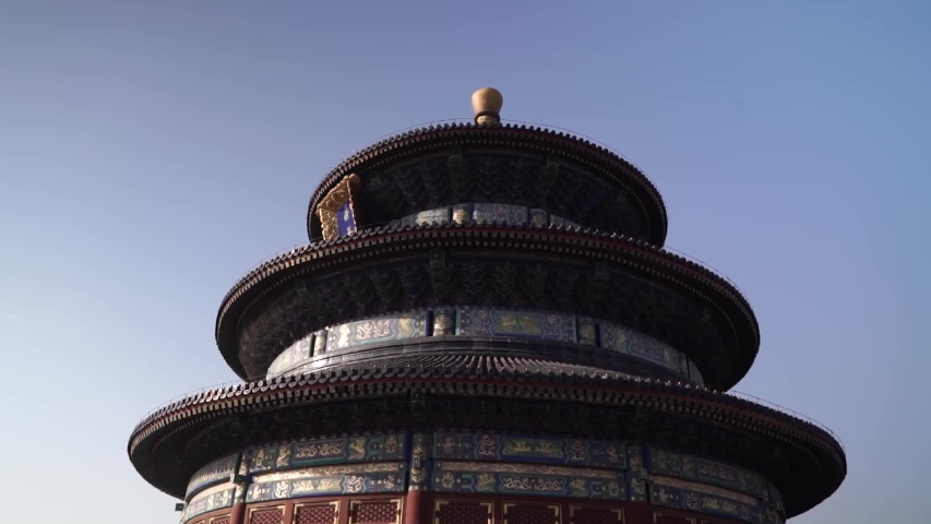 The hall of prayer for good harvest in the temple of heaven in Beijing in winter sunny day. Traditional Culture of China. Steady shot