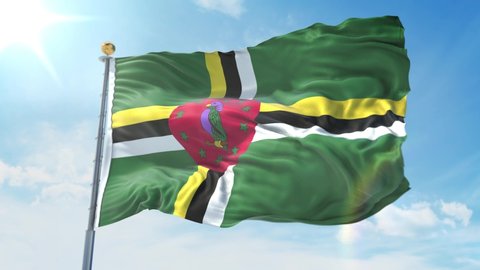 Dominica flag waving in the wind against deep blue sky. National theme, international concept. 3D Render Seamless Loop 4K