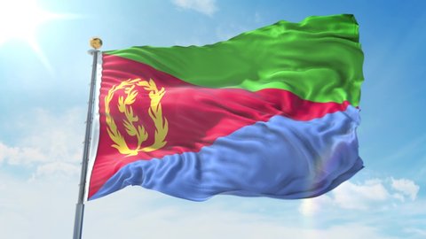 Eritrea flag waving in the wind against deep blue sky. National theme, international concept. 3D Render Seamless Loop 4K