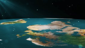 Earth map animation in pixelated texture beamed with sunrays.