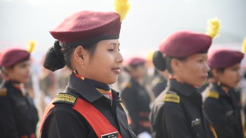 Guwahati, Assam, India. Jan. 26, 2020. Women commandos of Assam police 'Virangana' personnel during the 71st Republic Day parade.