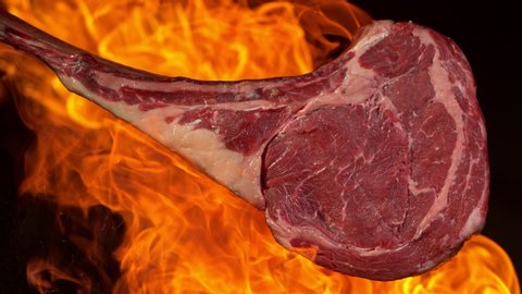 Super Slow Motion Footage of Premium Tomahawk Meat in Fire at 1000fps.