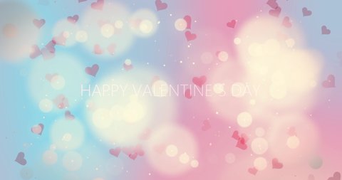Bokeh effect and defocused hearts rising on delicate pastel background. Flickering lights flying over the romantic backdrop for Valentine's Day. Can be used for presentations, greeting cards,postcards