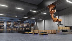 Robotic arm for packing with producing and maintaining logistics systems using Automated Guided Vehicle (AGV),3d rendering - Powered by Shutterstock - Get 15% off with code: PIKWIZARD15