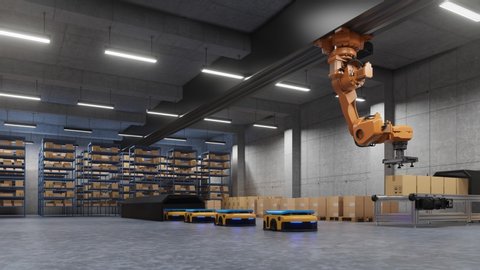 Robotic arm for packing with producing and maintaining logistics systems using Automated Guided Vehicle (AGV),3d rendering