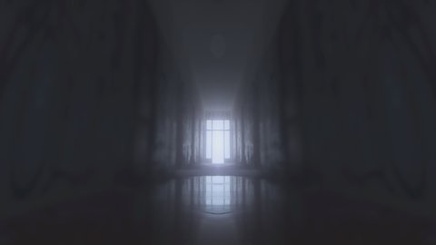 Long desolate corridor of a psychiatric ward.  Horror and nightmarish clip of someone walking a scary long corridor to go into the light.  Light and death allegory.